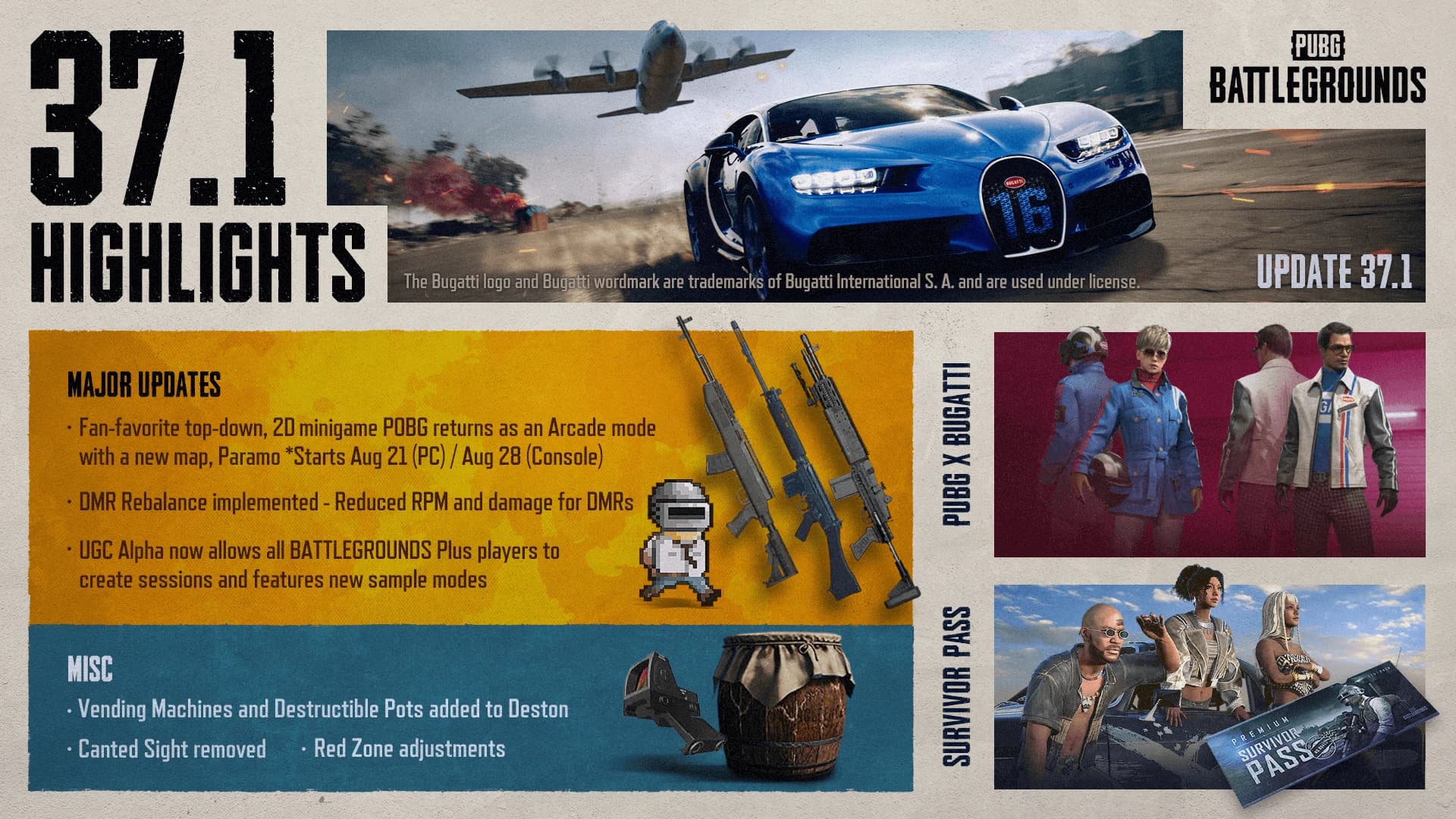 Beitragsbild zu PUBG: BATTLEGROUNDS Update 37.1: BUGATTI-Hypercars, die UGC Alpha-Erweiterung und die Rückkehr von POBG